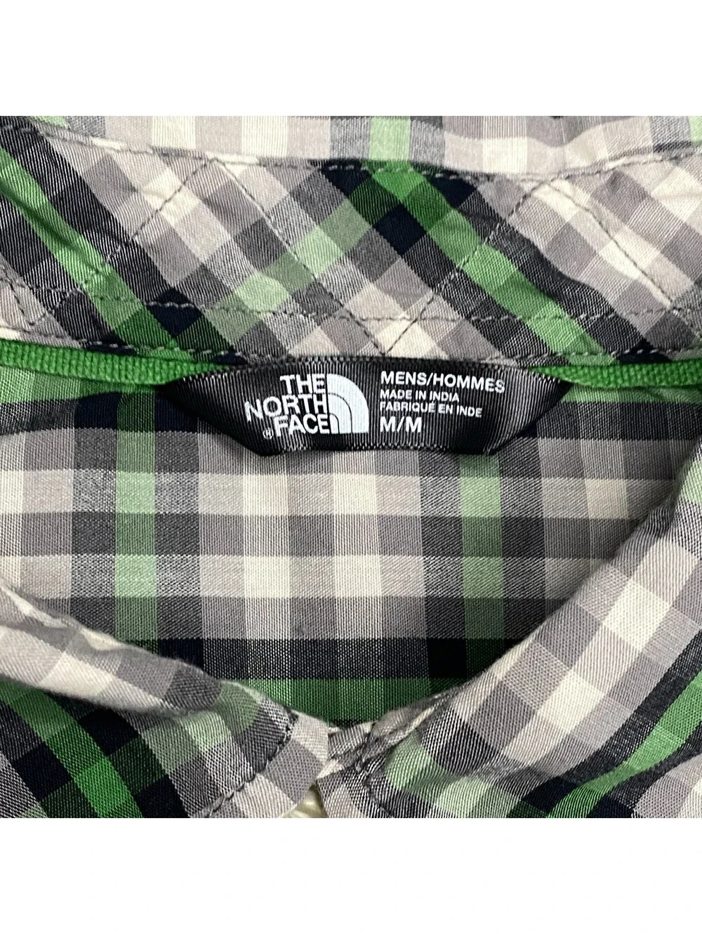 North Face Pearl Snap Shirt Mens M Gray Green Plaid Pockets Short Sleeve Western